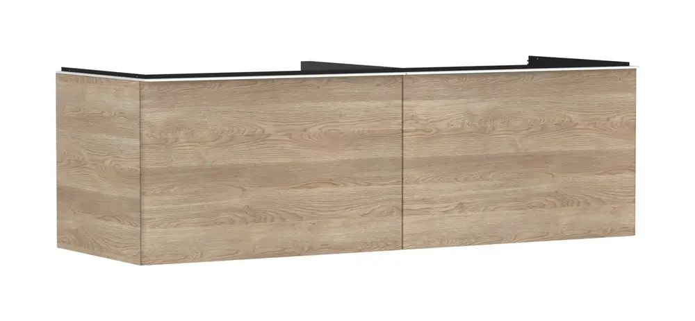 Hansgrohe Waschtischunterschrank in Holzoptik mit zwei Schubkästen, geeignet für einen Konsolen-Aufsatzwaschtisch.